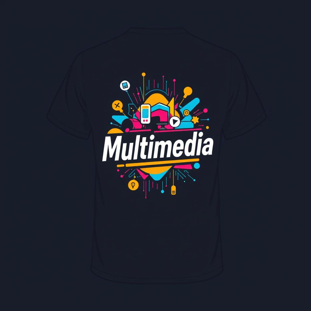 T-shirt design with a stylish and modern print on the back featuring the word "Multimedia" in bold, eye-catching typography