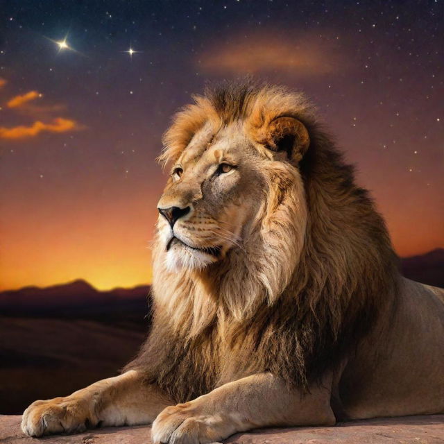 A majestic lion, the symbol of Leo, basking in the glow of a warm sunset with a starry, cosmic backdrop, capturing the essence of zodiac symbolism