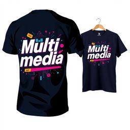 T-shirt design with a stylish and modern print on the back featuring the word "Multimedia" in bold, eye-catching typography