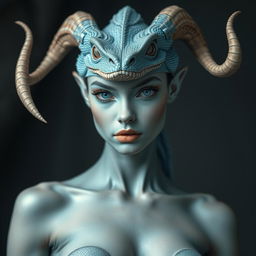 A stunning beautiful woman with reptilian features, sky blue skin, and elegant horns