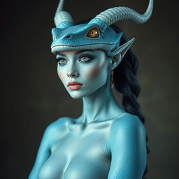 A stunning beautiful woman with reptilian features, sky blue skin, and elegant horns