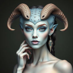 A stunning beautiful woman with reptilian features, sky blue skin, and elegant horns