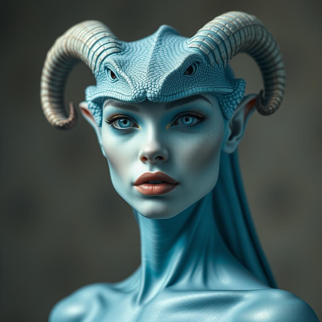 A stunning beautiful woman with reptilian features, sky blue skin, and elegant horns