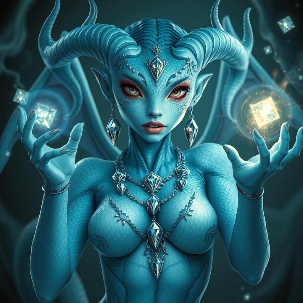 A beautiful reptilian woman with light blue skin and elegant horns, casting enchanting spells surrounded by shimmering diamond jewels