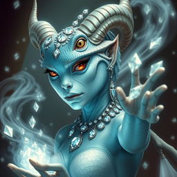 A beautiful reptilian woman with light blue skin and elegant horns, casting enchanting spells surrounded by shimmering diamond jewels