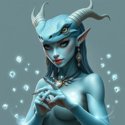 A beautiful reptilian woman with light blue skin and elegant horns, casting enchanting spells surrounded by shimmering diamond jewels