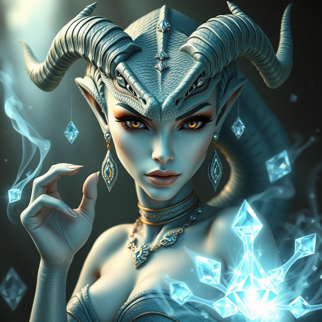 A beautiful reptilian woman with light blue skin and elegant horns, casting enchanting spells surrounded by shimmering diamond jewels