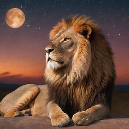 A majestic lion, the symbol of Leo, basking in the glow of a warm sunset with a starry, cosmic backdrop, capturing the essence of zodiac symbolism