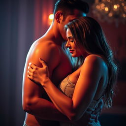 Sensual and intimate embrace between a couple, surrounded by soft, ambient lighting that creates a romantic and inviting atmosphere