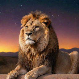 A majestic lion, the symbol of Leo, basking in the glow of a warm sunset with a starry, cosmic backdrop, capturing the essence of zodiac symbolism