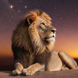 A majestic lion, the symbol of Leo, basking in the glow of a warm sunset with a starry, cosmic backdrop, capturing the essence of zodiac symbolism