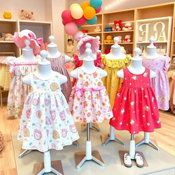 A vibrant and cute collection of infant kids' dresses displayed on mannequins, with a variety of styles including frilly frocks, summery sundresses, and playful patterns