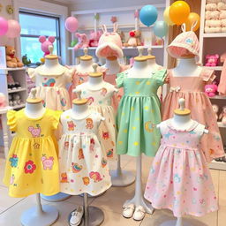 A vibrant and cute collection of infant kids' dresses displayed on mannequins, with a variety of styles including frilly frocks, summery sundresses, and playful patterns