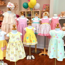 A vibrant and cute collection of infant kids' dresses displayed on mannequins, with a variety of styles including frilly frocks, summery sundresses, and playful patterns