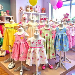 A vibrant and cute collection of infant kids' dresses displayed on mannequins, with a variety of styles including frilly frocks, summery sundresses, and playful patterns