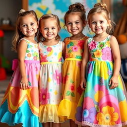 Four children wearing beautiful and colorful regular dresses