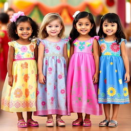 Four children wearing beautiful and colorful regular dresses