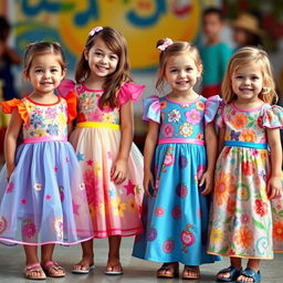 Four children wearing beautiful and colorful regular dresses