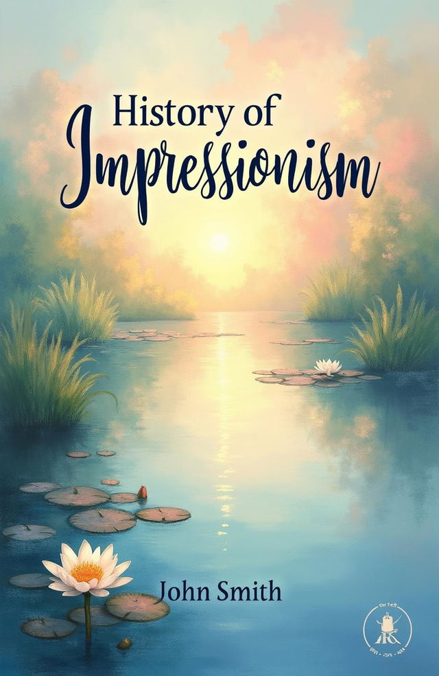 A stunning book cover design for 'History of Impressionism' by John Smith, featuring a harmonious blend of soft pastel colors reminiscent of Impressionist paintings