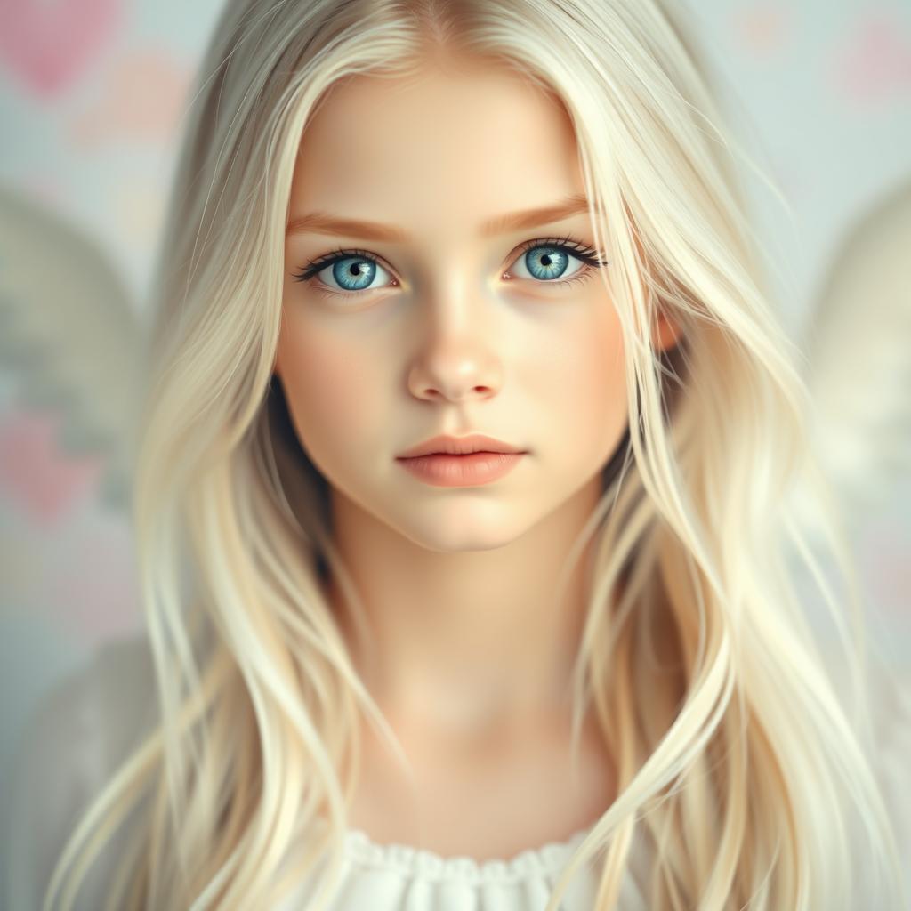 An ethereal portrait of a beautiful white blonde girl with long flowing hair, showcasing her striking blue eyes and serene expression