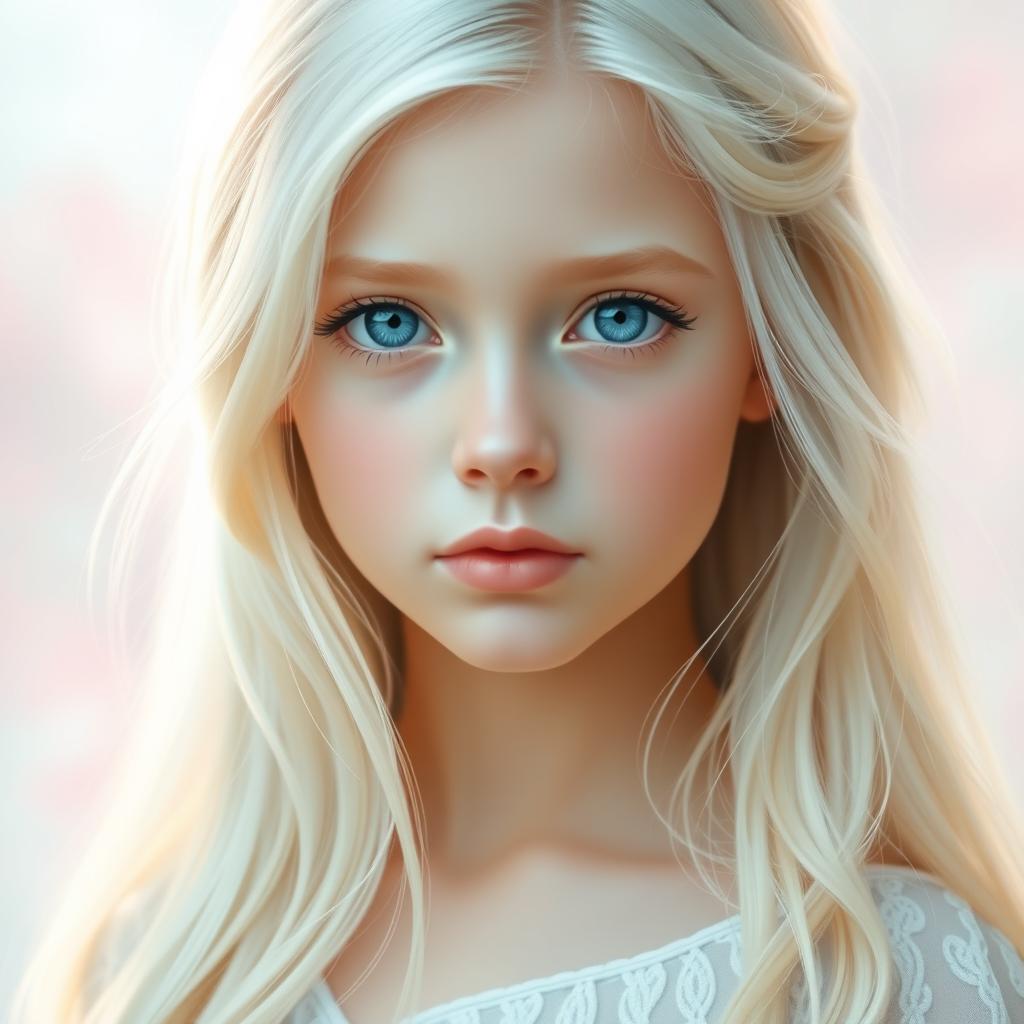 An ethereal portrait of a beautiful white blonde girl with long flowing hair, showcasing her striking blue eyes and serene expression