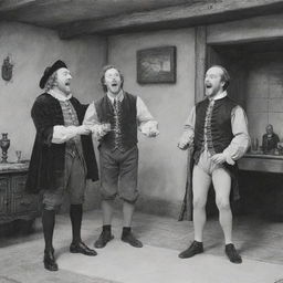 A comical scene in a Shakespearean household: Toby instigating mischief and Sir Andrew being obliviously funny, led by Maria's cunning plan, all within the setting of 'Twelfth Night'. Animated, full of expression and hilarity.