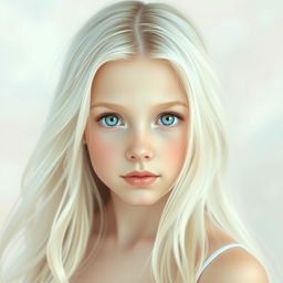 An ethereal portrait of a beautiful white blonde girl with long flowing hair, showcasing her striking blue eyes and serene expression