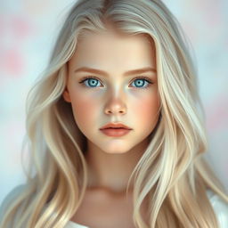 An ethereal portrait of a beautiful white blonde girl with long flowing hair, showcasing her striking blue eyes and serene expression