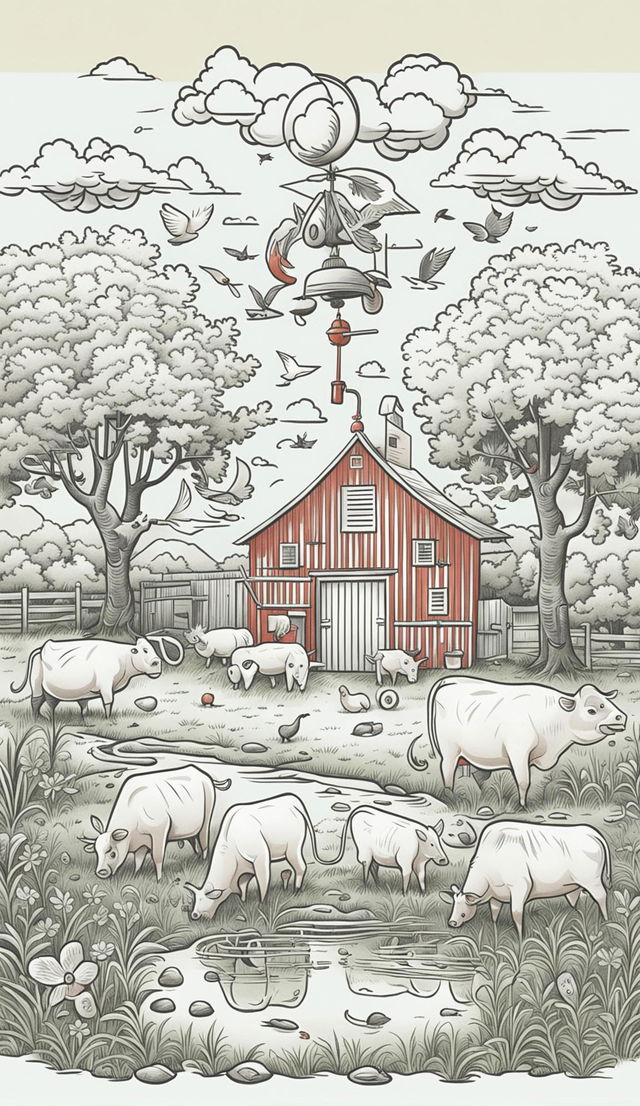 Line-drawn illustration of a lively farmyard scene with friendly animals including chickens, cows, pigs and their young ones around a large barn. An orchard and tractor are in the background.