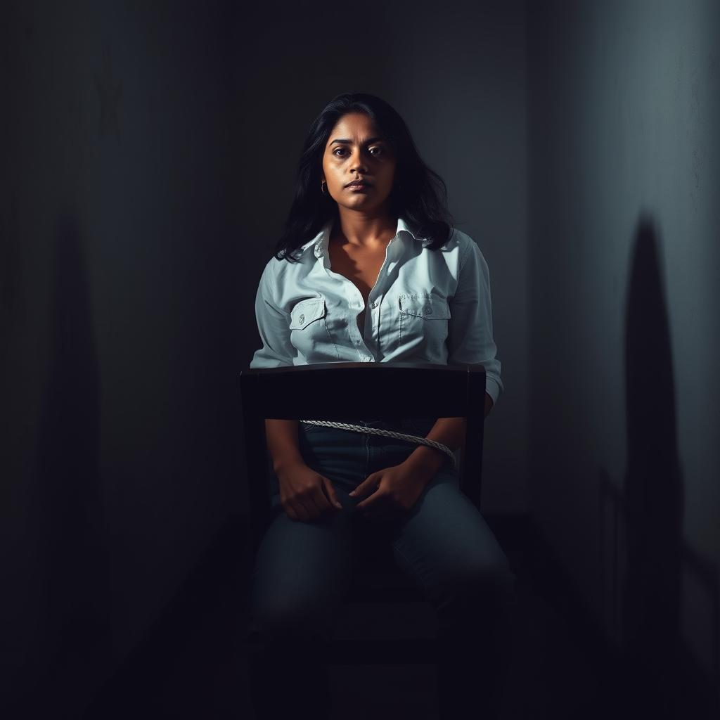 An Indian woman in her 30s wearing jeans and a white shirt, tied to a chair in a dimly lit room