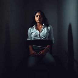 An Indian woman in her 30s wearing jeans and a white shirt, tied to a chair in a dimly lit room