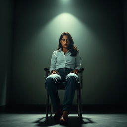 An Indian woman in her 30s wearing jeans and a white shirt, tied to a chair in a dimly lit room