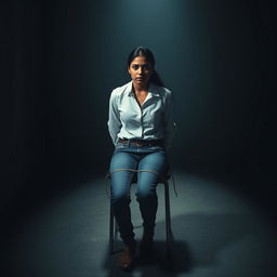 An Indian woman in her 30s wearing jeans and a white shirt, tied to a chair in a dimly lit room