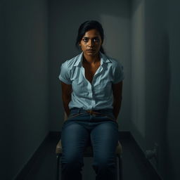 An Indian woman in her 30s wearing jeans and a white shirt, tied to a chair in a dimly lit room