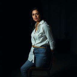 An Indian woman in her 30s wearing jeans and a white shirt, tied to a chair at a distance in a dimly lit, dark room