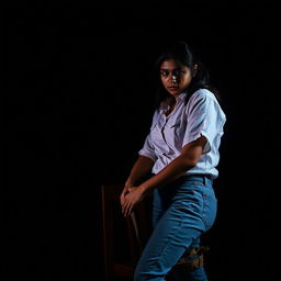 An Indian woman in her 30s wearing jeans and a white shirt, tied to a chair at a distance in a dimly lit, dark room