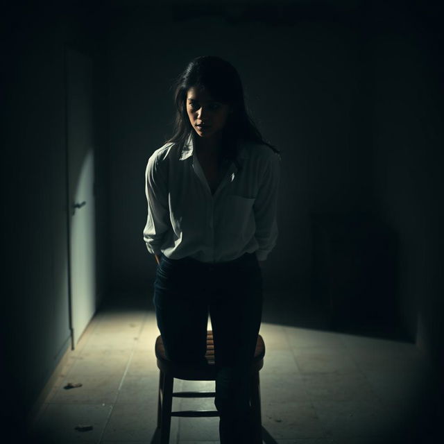 An Indian woman in her 30s wearing jeans and a white shirt, tied to a chair at a distance in a dimly lit, dark room