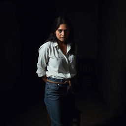 An Indian woman in her 30s wearing jeans and a white shirt, tied to a chair at a distance in a dimly lit, dark room