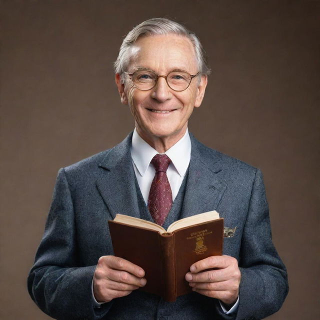 A fictional character named Leonard Indon, intelligently dressed in a classy suit, holding an interesting book, his wizened yet youthful face brimming with wisdom and a charming smile