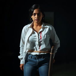 An Indian woman in her 30s wearing jeans and a white shirt, tied to a chair at a distance in a dimly lit, dark room