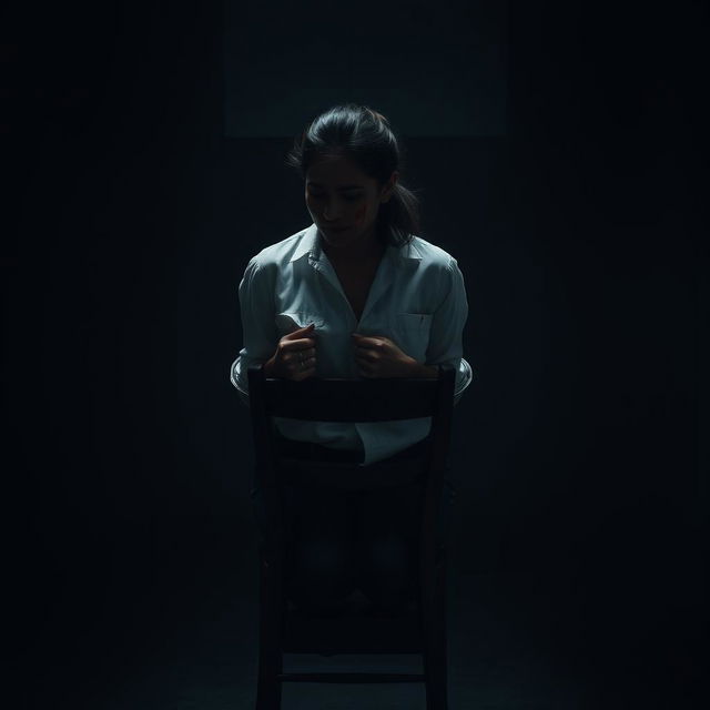 An Indian woman in her 30s wearing jeans and a white shirt, tied to a chair at a distance in a dimly lit, dark room