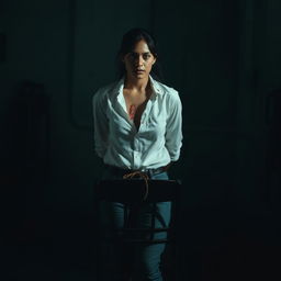 An Indian woman in her 30s wearing jeans and a white shirt, tied to a chair at a distance in a dimly lit, dark room