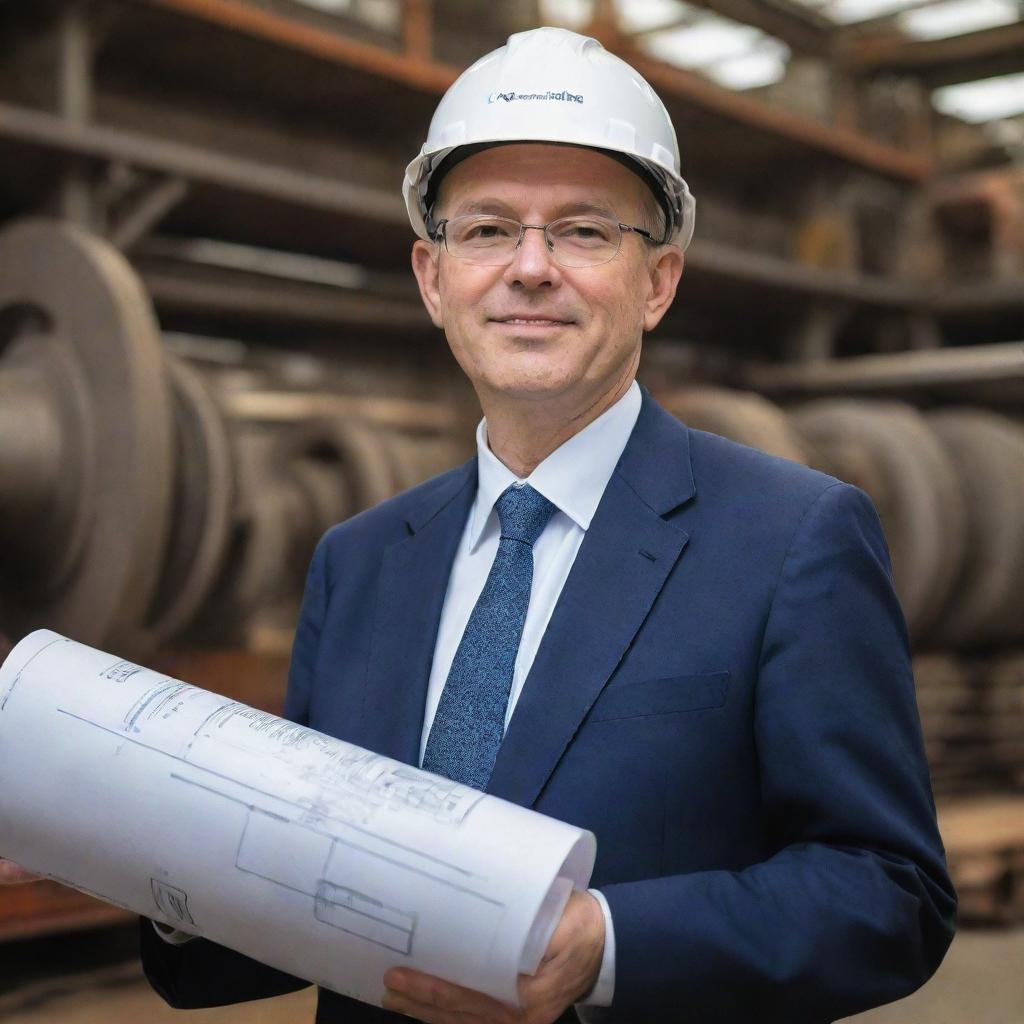 A portrait of Leonard Indon, an intelligent and respected engineer. He's in professional attire, holding blueprints and a safety helmet, with intricate machinery in the background