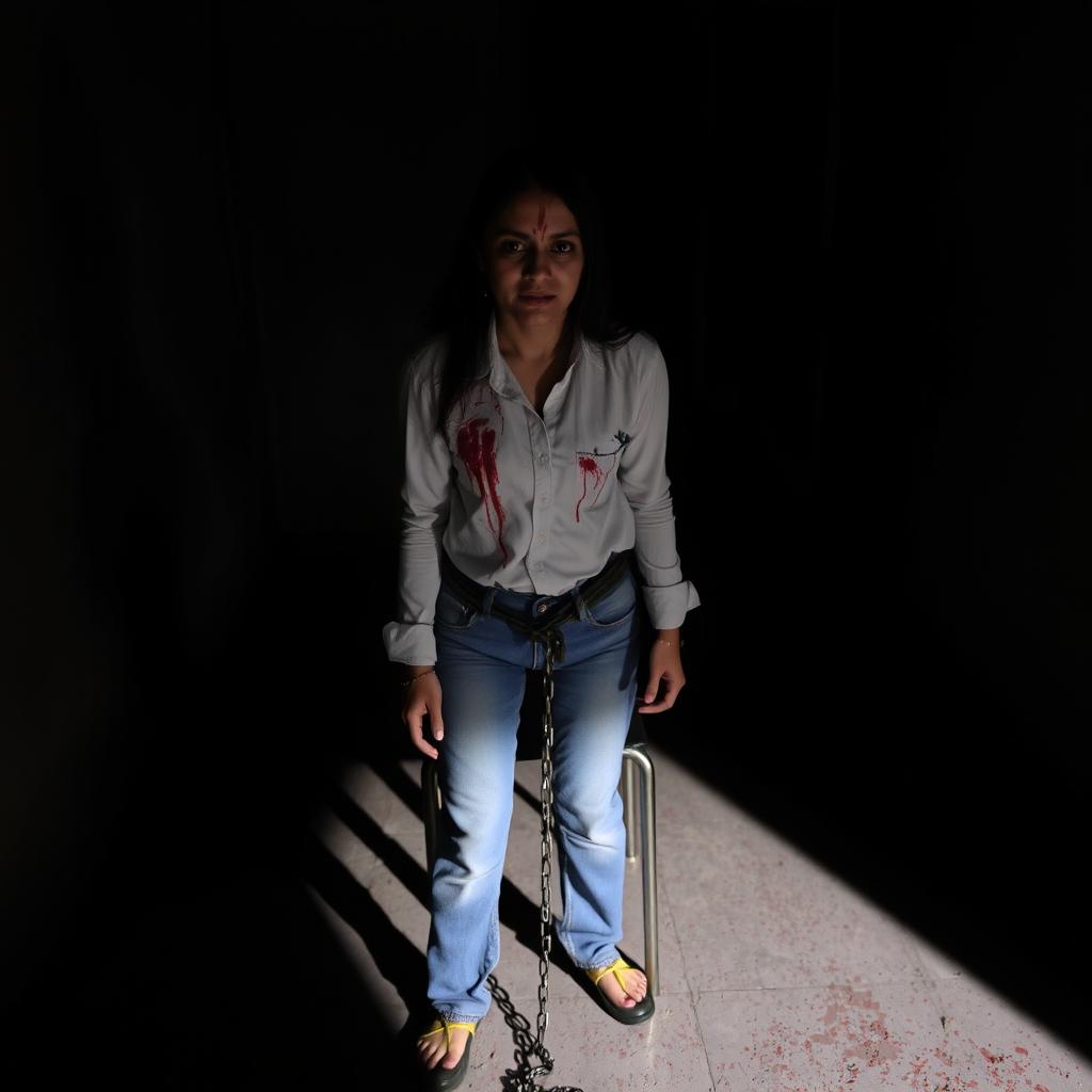 An Indian woman in her 30s, wearing jeans and a white shirt, is tied to a chair with a chain at a distance in a dimly lit, dark room