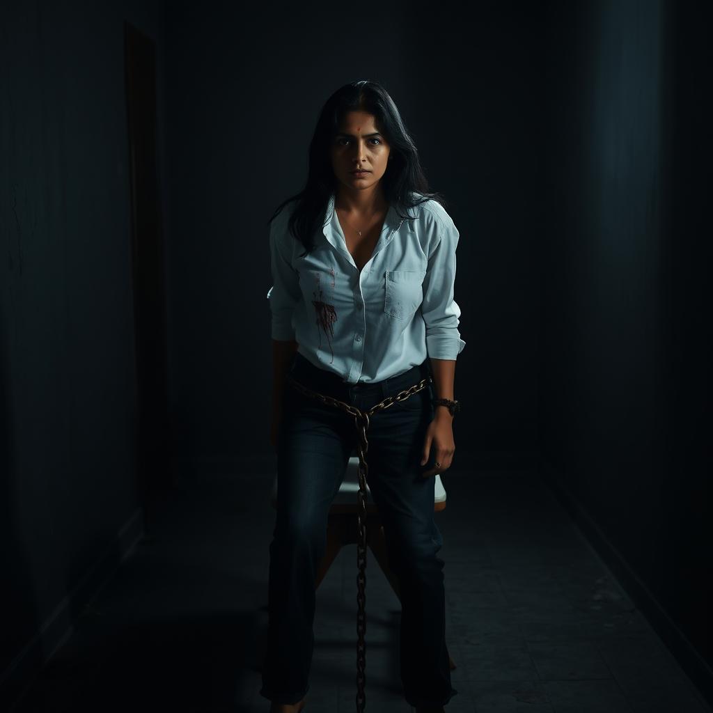 An Indian woman in her 30s, wearing jeans and a white shirt, is tied to a chair with a chain at a distance in a dimly lit, dark room