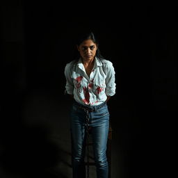 An Indian woman in her 30s, wearing jeans and a white shirt, is tied to a chair with a chain at a distance in a dimly lit, dark room