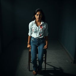 An Indian woman in her 30s, wearing jeans and a white shirt, is tied to a chair with a chain at a distance in a dimly lit, dark room