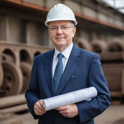 A portrait of Leonard Indon, an intelligent and respected engineer. He's in professional attire, holding blueprints and a safety helmet, with intricate machinery in the background