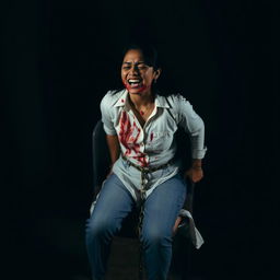 An Indian woman in her 30s, wearing jeans and a white shirt, is tied to a chair with a chain at a distance in a dimly lit, dark room