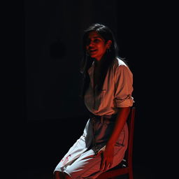 An Indian woman in her 30s, wearing jeans and a white shirt, is tied to a chair with a chain at a distance in a dimly lit, dark room